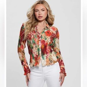 GUESS Women's Long Sleeve Vivenne Pleated Button Up